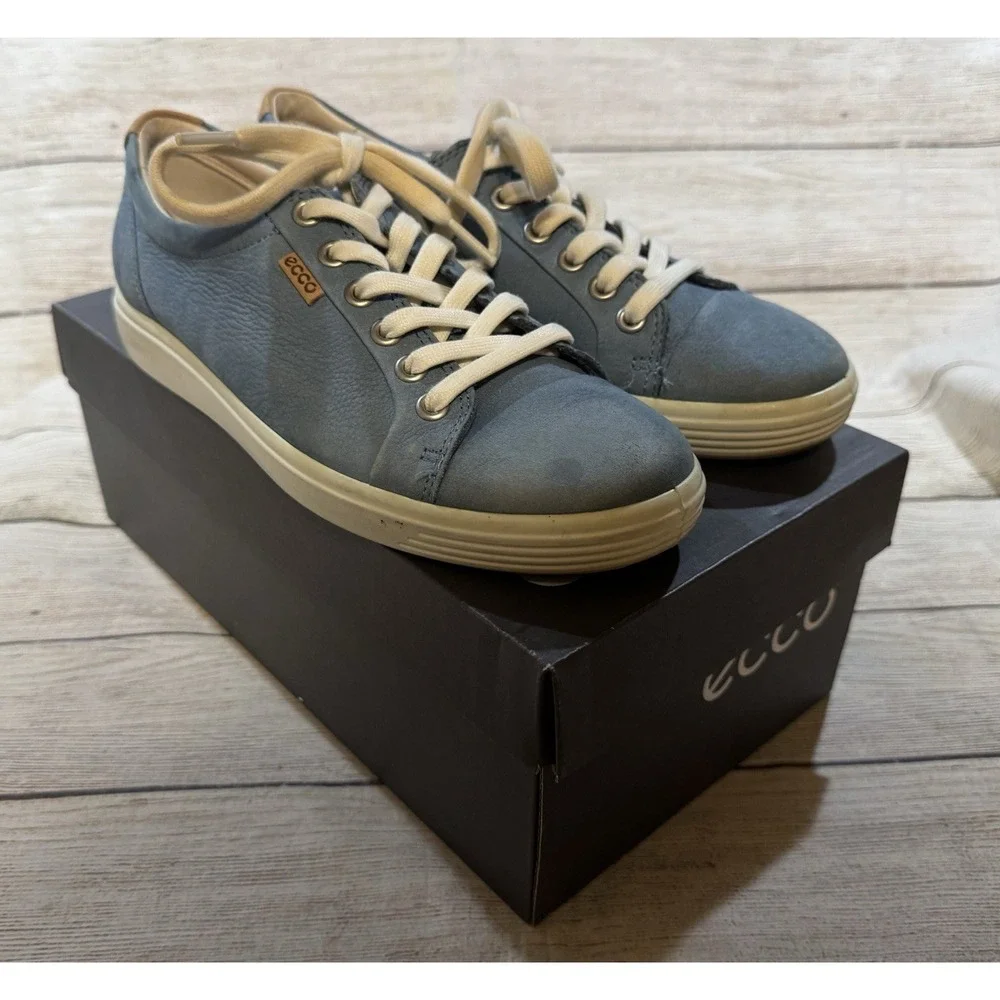 Wmns Ecco Blue Soft Suede Lace Up Sneakers US Size 6 Comfort Casual Shoes